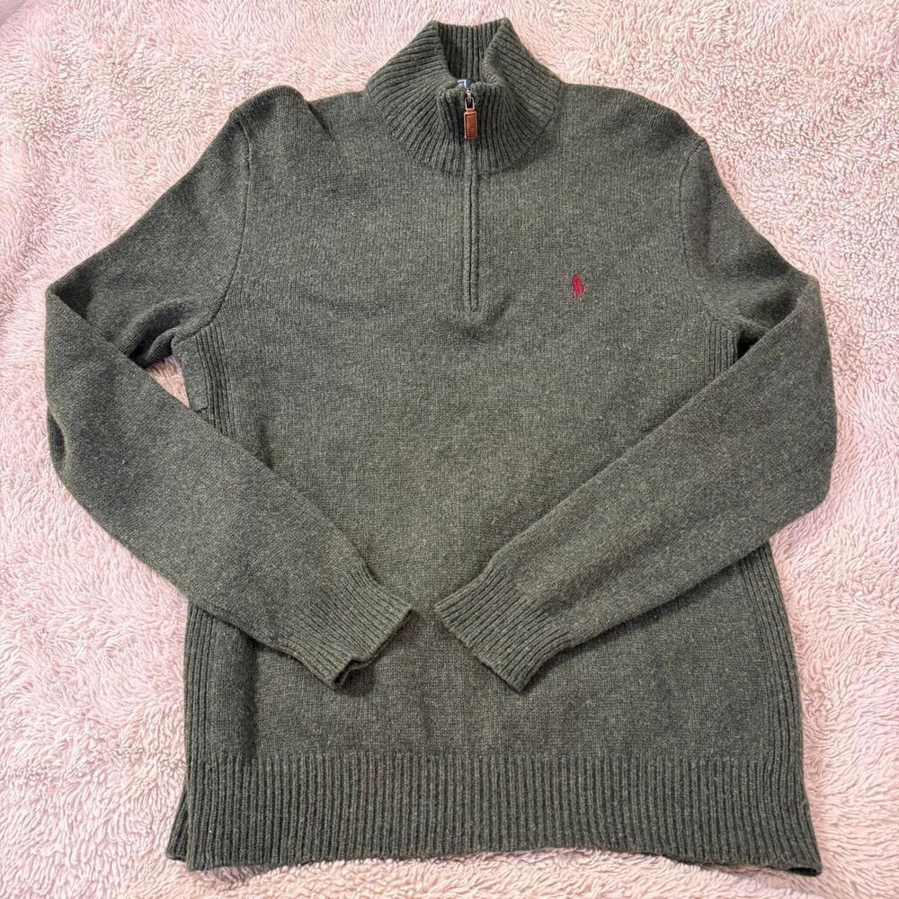 Polo Ralph Lauren 100% Lambswool Quarter Zip Sweater Men's L Olive Forest Green